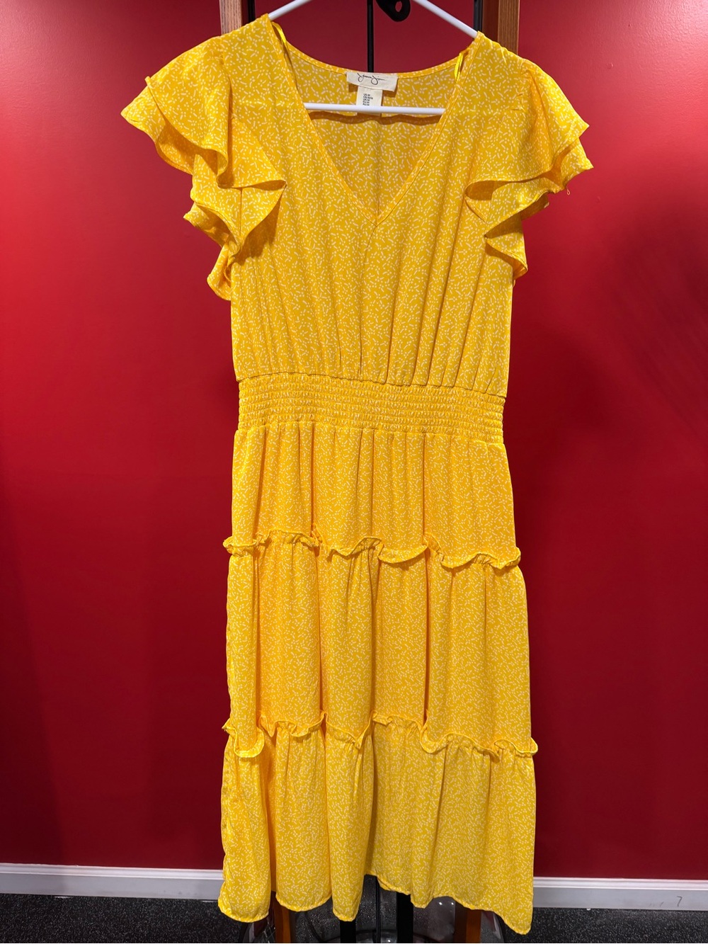 Jessica Simpson Yellow Ruffle Tiered Midi Dress Women’s Medium Smock Waist